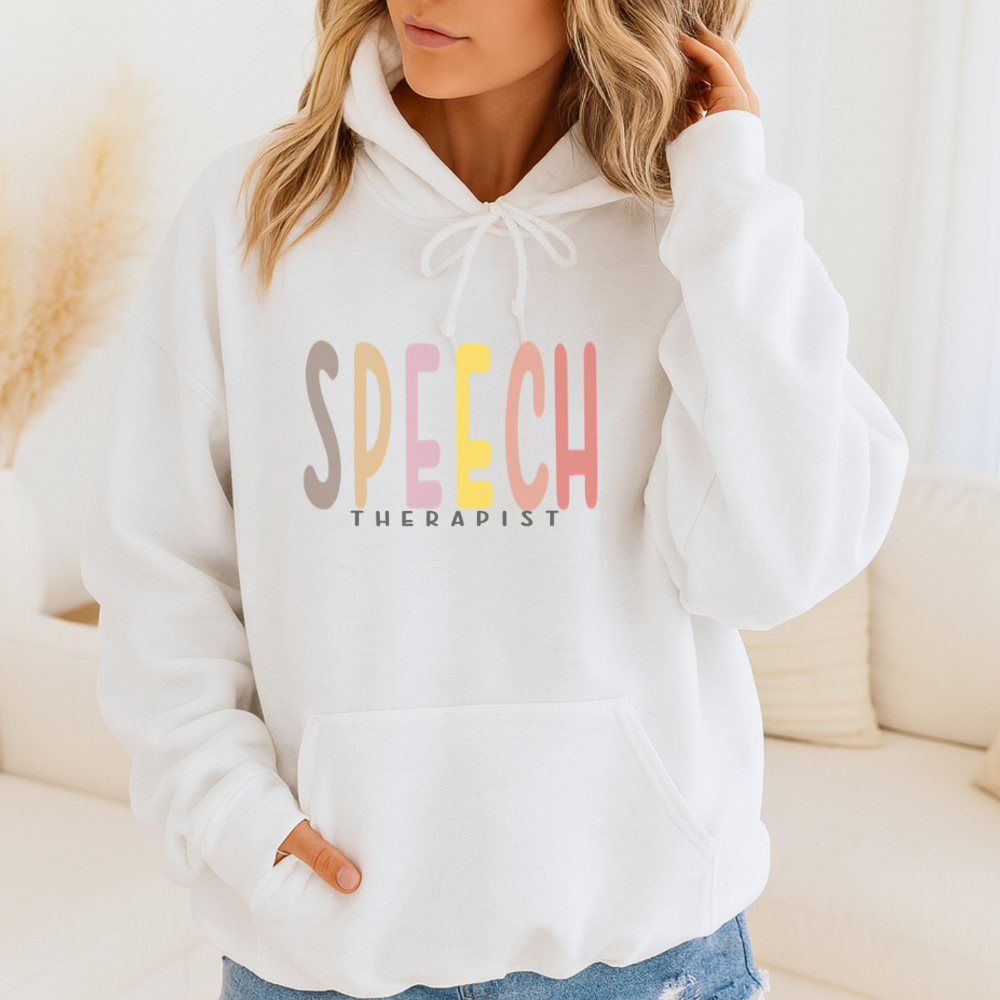 Professional wearing a white hoodie with 'SPEECH THERAPIST' text in colorful letters.